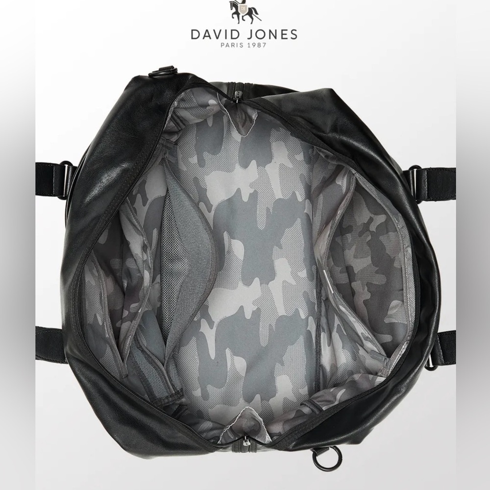David Jones Black Leather Travel Duffle Bag Gym Weekender 20x11x9 in - Picture 5 of 12